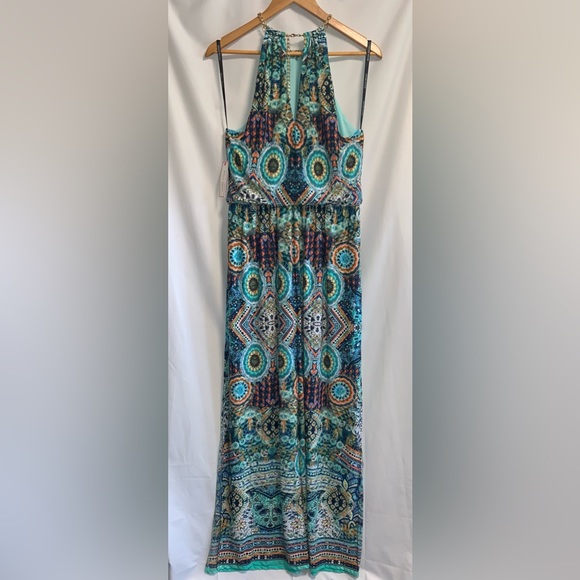 NWT Bisou Halter Bright Multicolored Bohemian Adjustable Chain Closure Dress - Picture 2 of 5